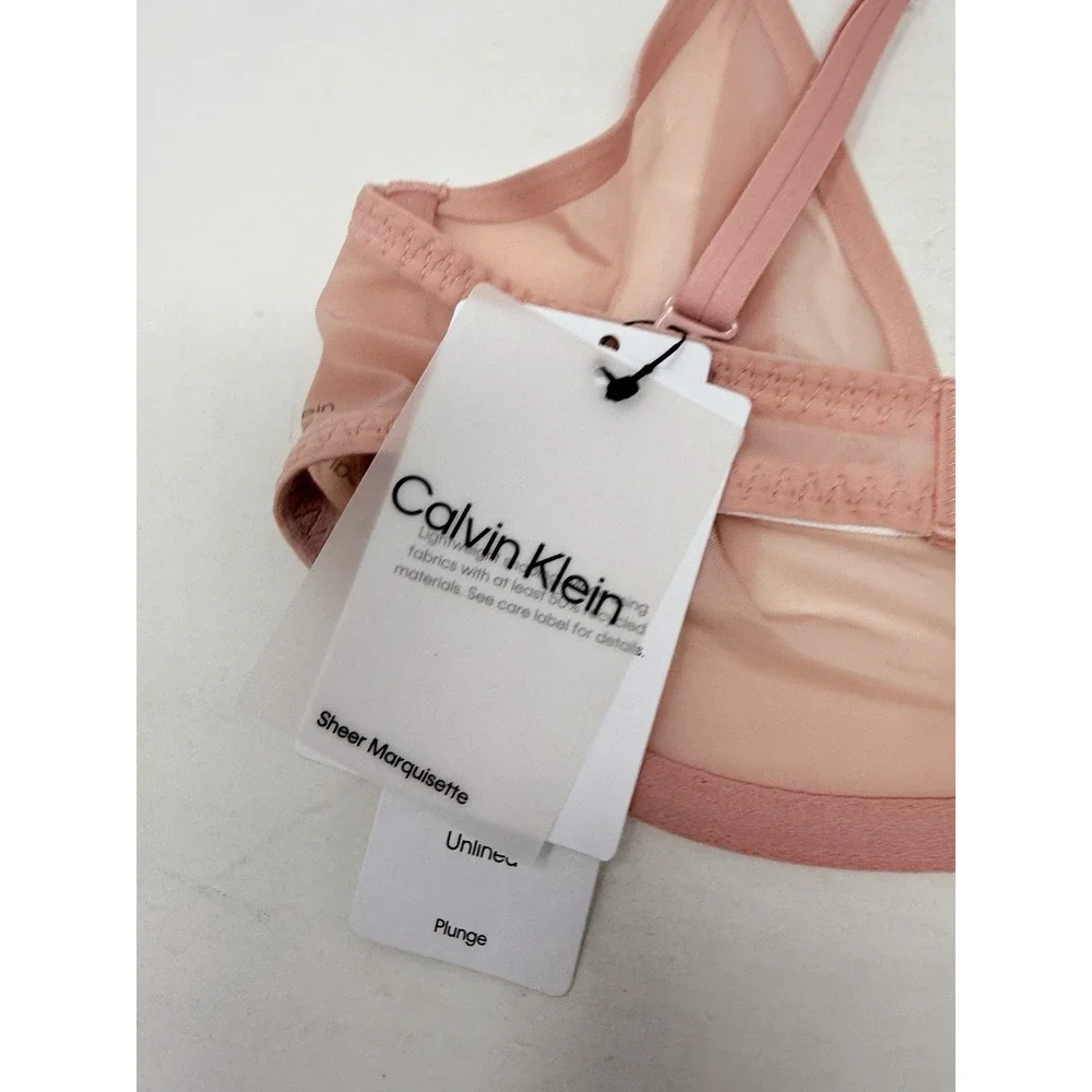 Calvin Klein Womens 32D Sheer Marquisette Unlined Plunge Bra QF6727 in Pink 1476